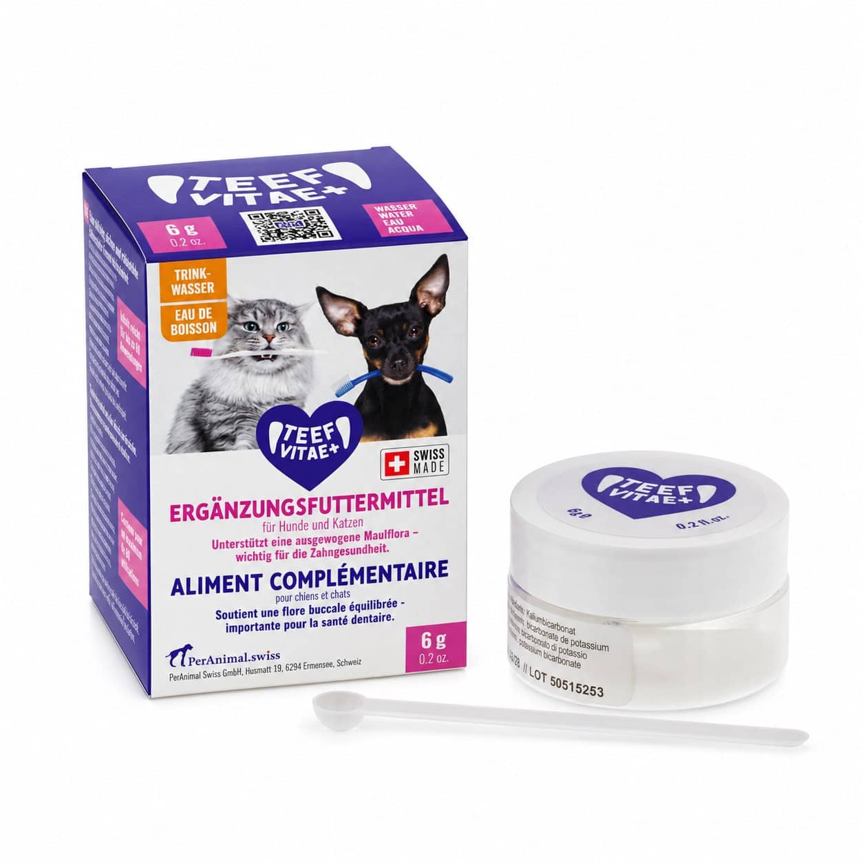 TEEF Vitae+ Wasser: blaue Schachtel, Dose und Dosierlöffel