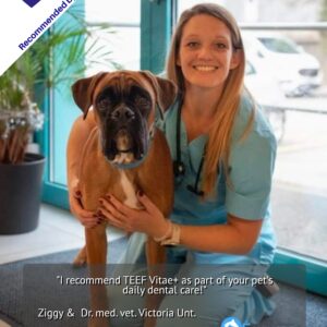 Veterinarian Victoria Unt. with a dog, recommending TEEF Vitae+ for daily dental care