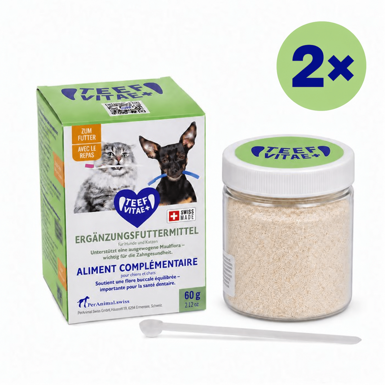TEEF Vitae+ Futter Sparpaket 2×60g mit grüner Faltschachtel, Dose, Dosierlöffel und 2×-Kennzeichnung