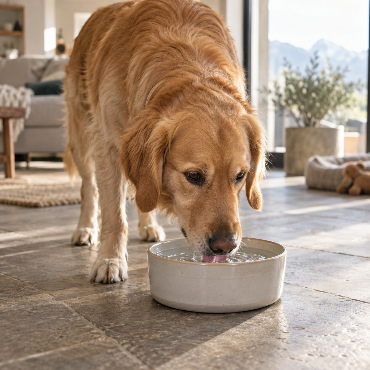Perro bebiendo agua de su cuenco