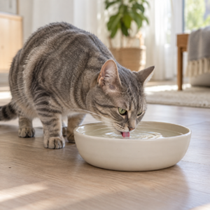 Gato bebiendo agua de su cuenco